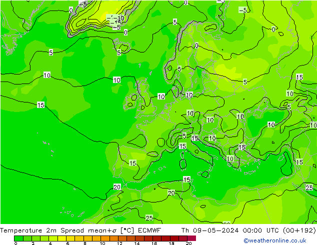 température 2m Spread ECMWF jeu 09.05.2024 00 UTC