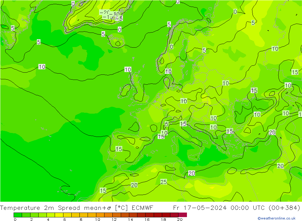 Temperatura 2m Spread ECMWF ven 17.05.2024 00 UTC