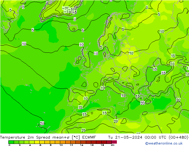 Temperatura 2m Spread ECMWF mar 21.05.2024 00 UTC