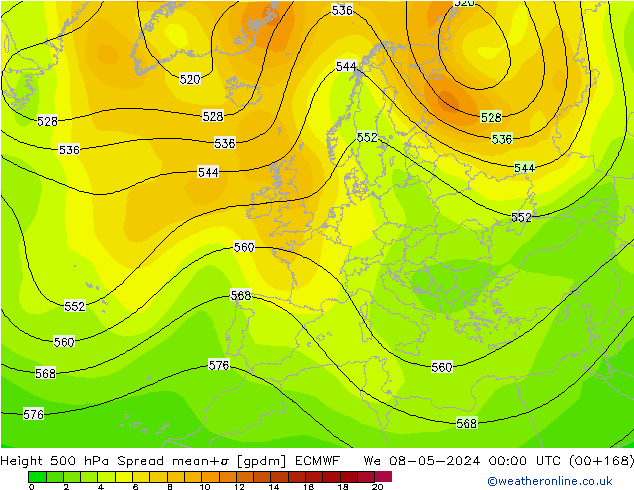 Height 500 hPa Spread ECMWF We 08.05.2024 00 UTC