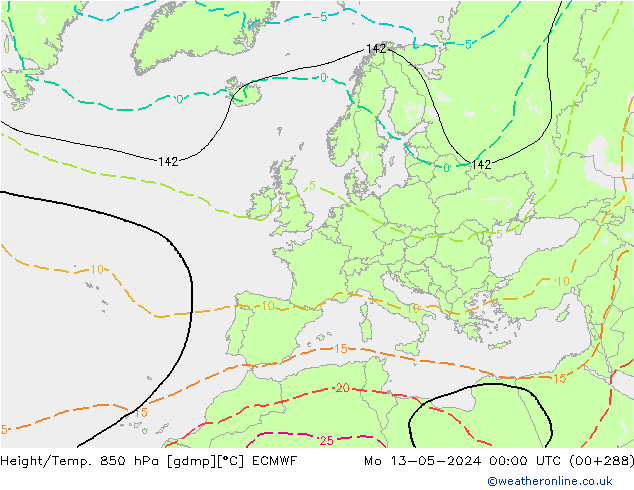 Height/Temp. 850 hPa ECMWF pon. 13.05.2024 00 UTC