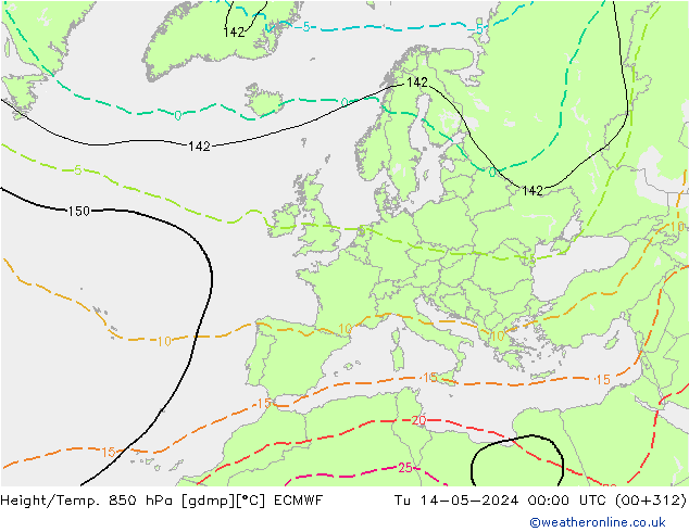 Hoogte/Temp. 850 hPa ECMWF di 14.05.2024 00 UTC