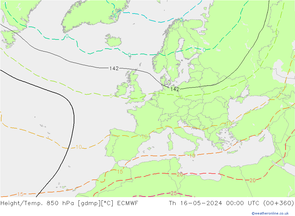 Geop./Temp. 850 hPa ECMWF jue 16.05.2024 00 UTC