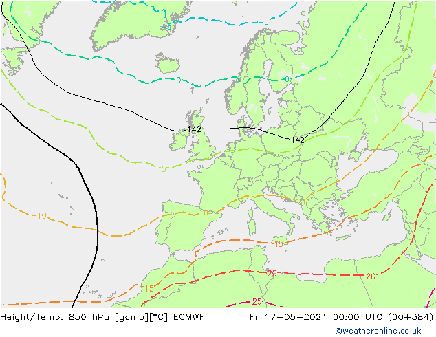 Hoogte/Temp. 850 hPa ECMWF vr 17.05.2024 00 UTC
