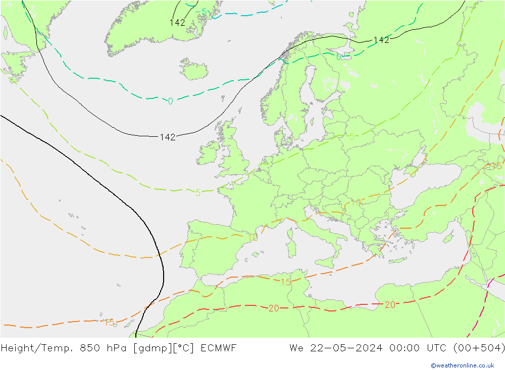 Height/Temp. 850 hPa ECMWF We 22.05.2024 00 UTC