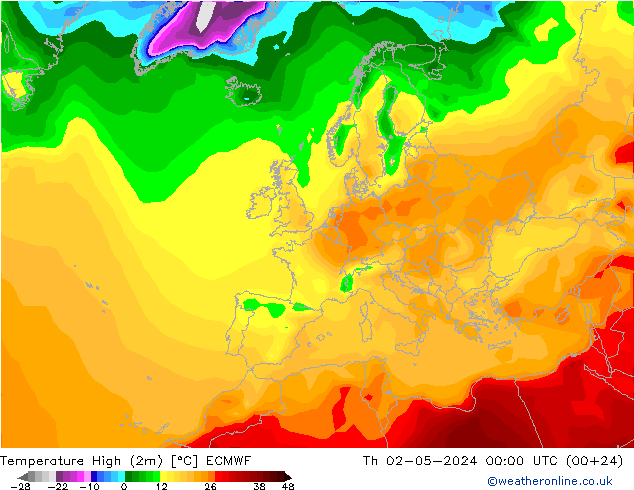 Nejvyšší teplota (2m) ECMWF Čt 02.05.2024 00 UTC