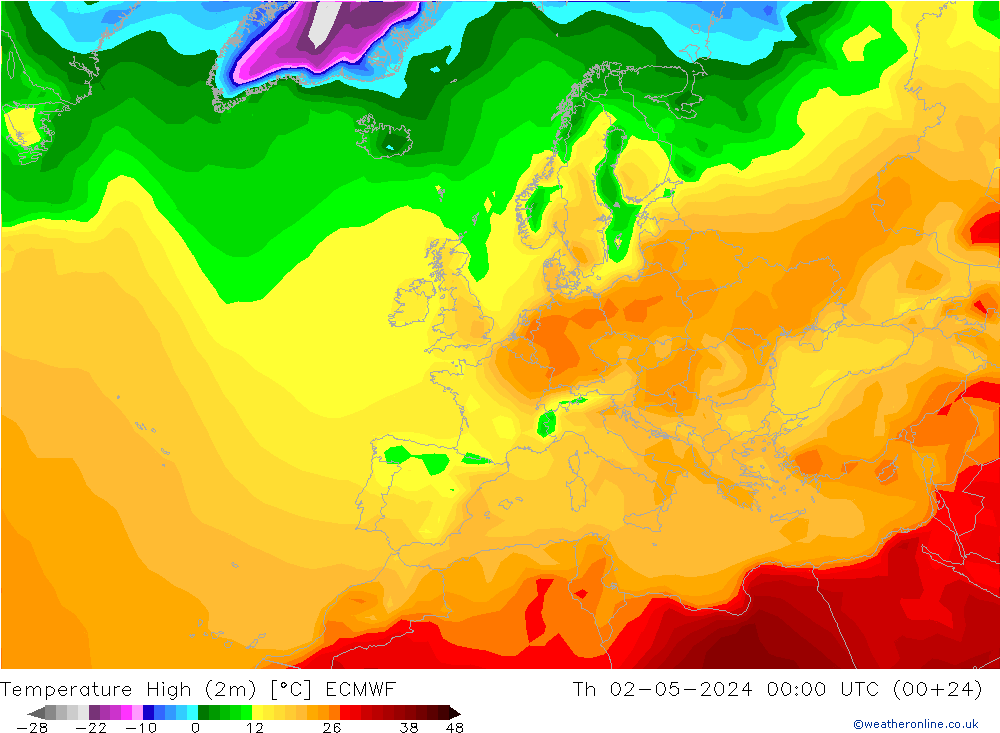 température 2m max ECMWF jeu 02.05.2024 00 UTC