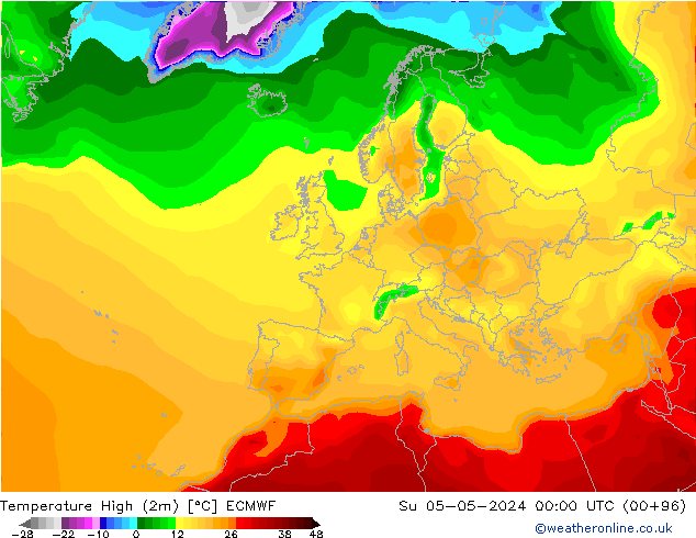 Max. Temperatura (2m) ECMWF nie. 05.05.2024 00 UTC