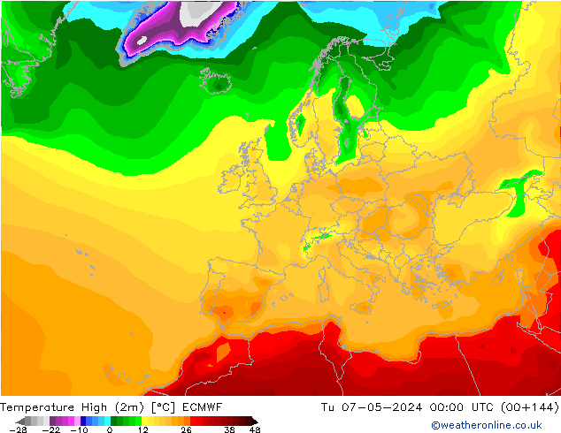 Nejvyšší teplota (2m) ECMWF Út 07.05.2024 00 UTC
