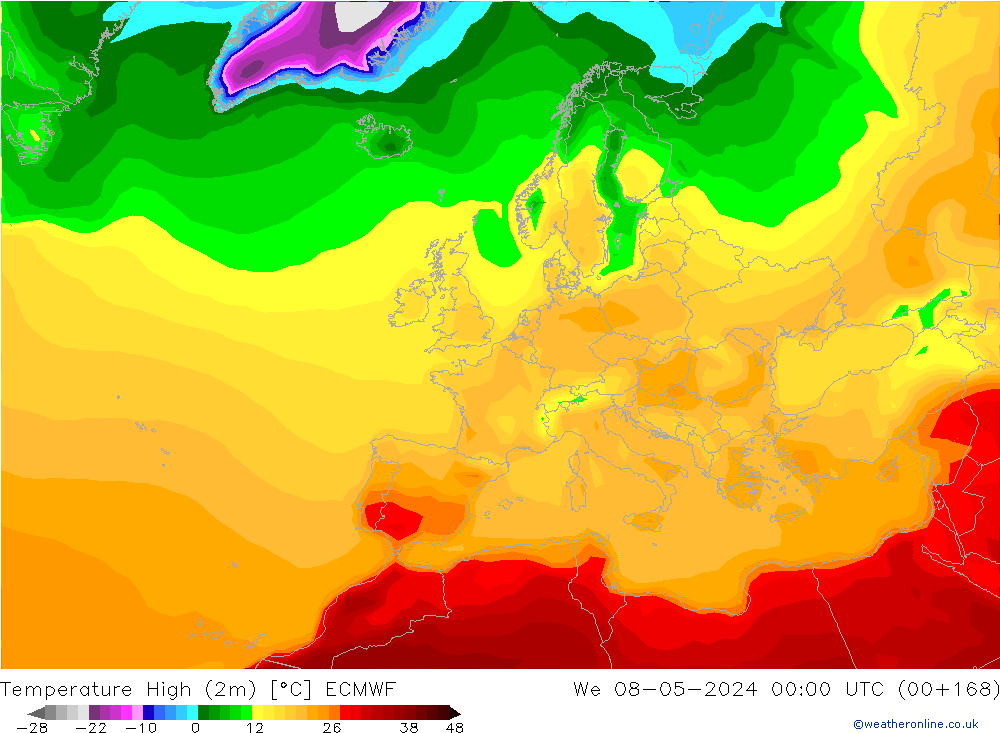Temperature High (2m) ECMWF 星期三 08.05.2024 00 UTC