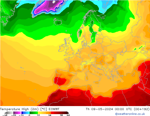 Max.temperatuur (2m) ECMWF do 09.05.2024 00 UTC