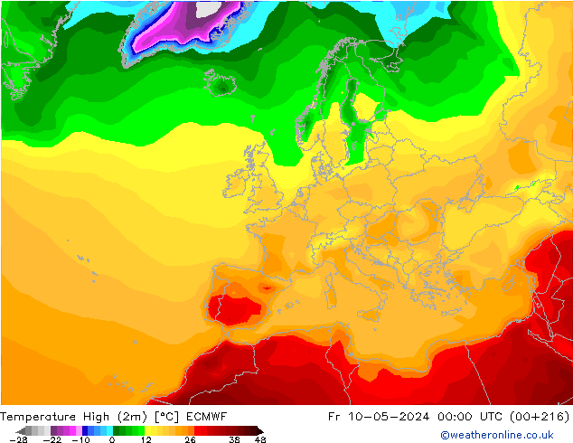 Max.temperatuur (2m) ECMWF vr 10.05.2024 00 UTC