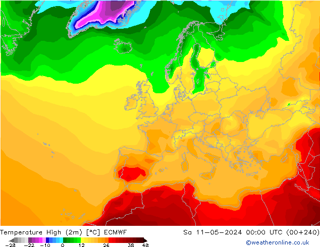 Max. Temperatura (2m) ECMWF so. 11.05.2024 00 UTC