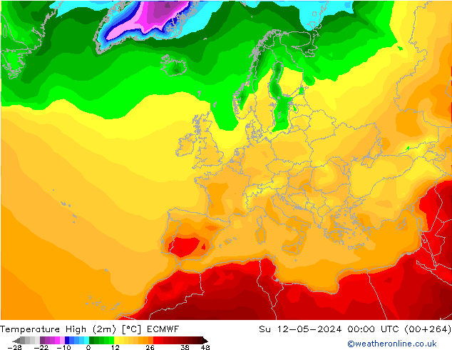 Nejvyšší teplota (2m) ECMWF Ne 12.05.2024 00 UTC