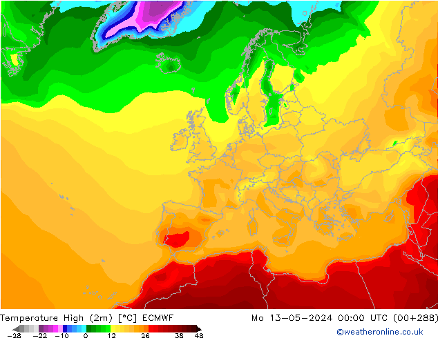 Nejvyšší teplota (2m) ECMWF Po 13.05.2024 00 UTC