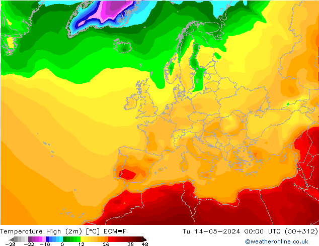 Max.temperatuur (2m) ECMWF di 14.05.2024 00 UTC
