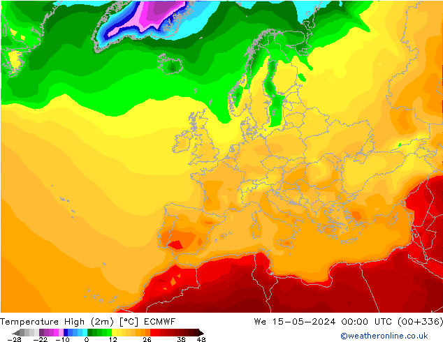 Nejvyšší teplota (2m) ECMWF St 15.05.2024 00 UTC
