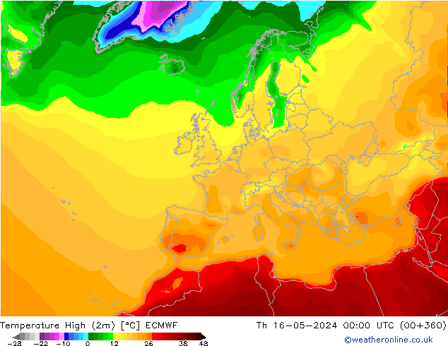 Nejvyšší teplota (2m) ECMWF Čt 16.05.2024 00 UTC