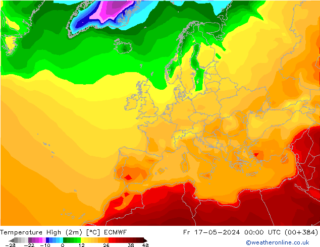 Темпер. макс 2т ECMWF пт 17.05.2024 00 UTC