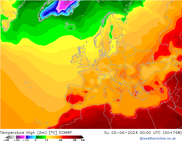 Temperature High (2m) ECMWF 星期日 02.06.2024 00 UTC