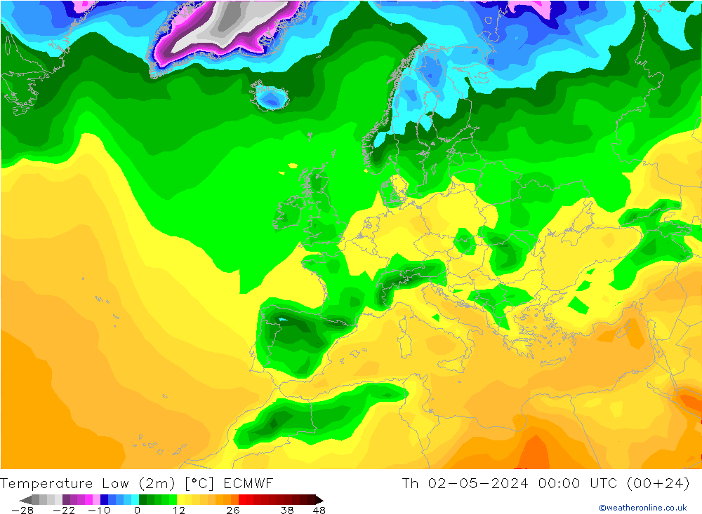 Min.temperatuur (2m) ECMWF do 02.05.2024 00 UTC