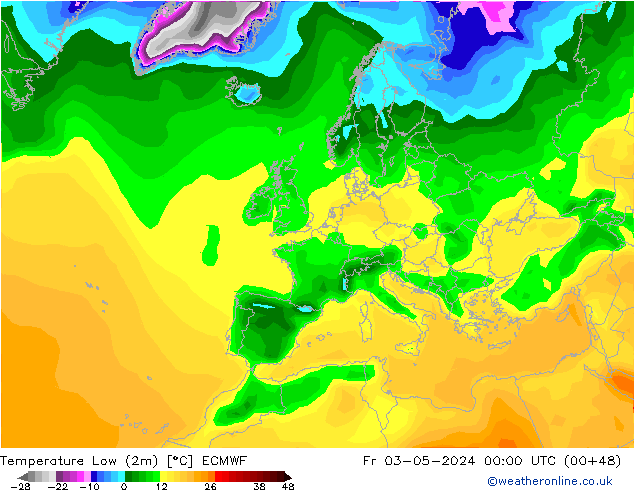 Nejnižší teplota (2m) ECMWF Pá 03.05.2024 00 UTC