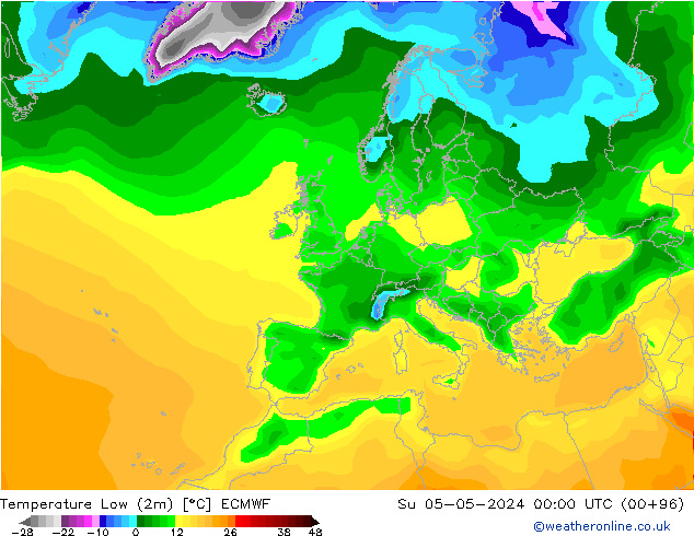 Nejnižší teplota (2m) ECMWF Ne 05.05.2024 00 UTC