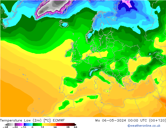 Nejnižší teplota (2m) ECMWF Po 06.05.2024 00 UTC