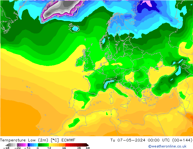 Temperature Low (2m) ECMWF Tu 07.05.2024 00 UTC