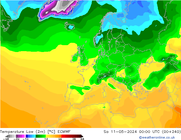 Min.temperatuur (2m) ECMWF za 11.05.2024 00 UTC
