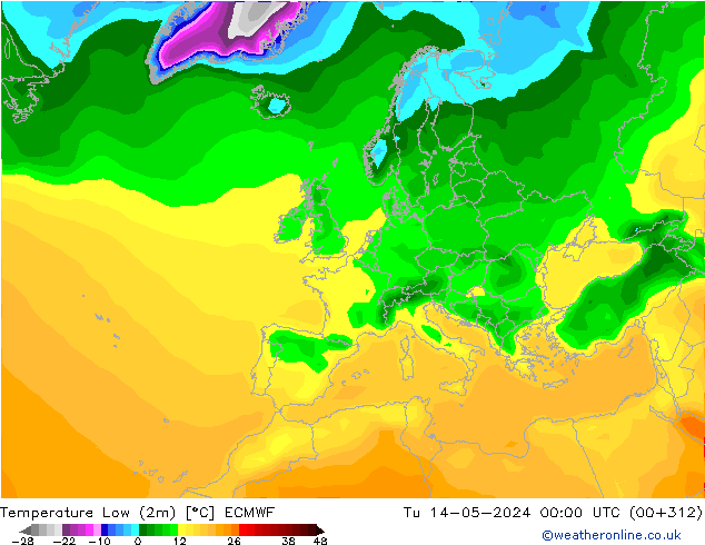 temperatura mín. (2m) ECMWF Ter 14.05.2024 00 UTC