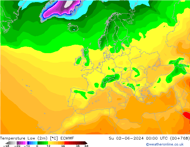 Nejnižší teplota (2m) ECMWF Ne 02.06.2024 00 UTC