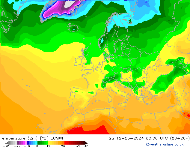 mapa temperatury (2m) ECMWF nie. 12.05.2024 00 UTC