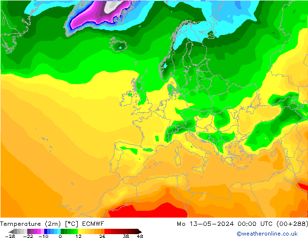 Temperatuurkaart (2m) ECMWF ma 13.05.2024 00 UTC