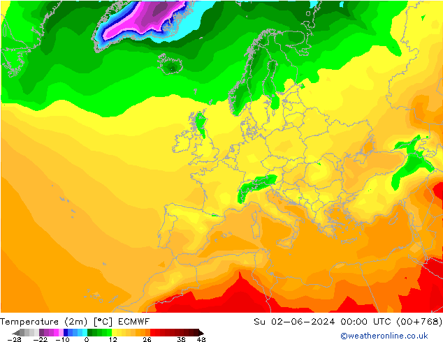 mapa temperatury (2m) ECMWF nie. 02.06.2024 00 UTC
