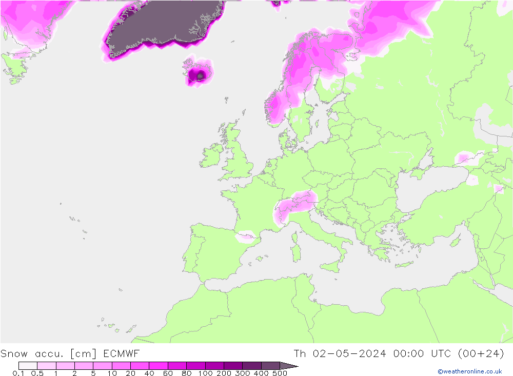 Snow accu. ECMWF 星期四 02.05.2024 00 UTC
