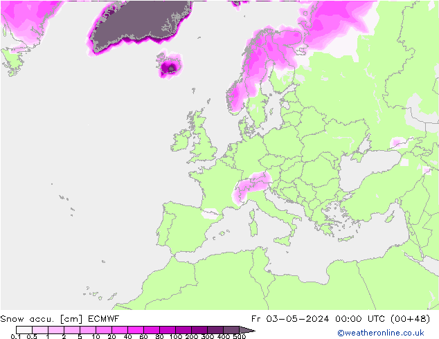 Snow accu. ECMWF Pá 03.05.2024 00 UTC