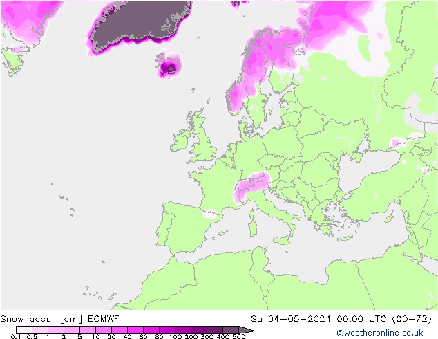 Глубина снега ECMWF сб 04.05.2024 00 UTC