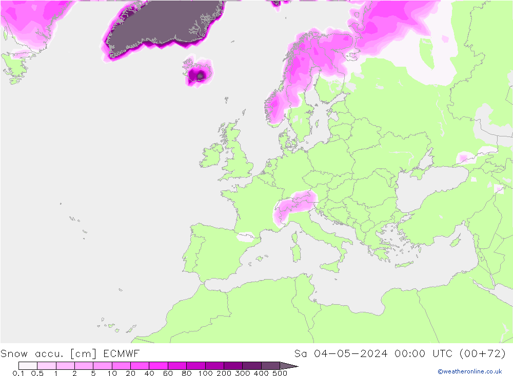 Глубина снега ECMWF сб 04.05.2024 00 UTC