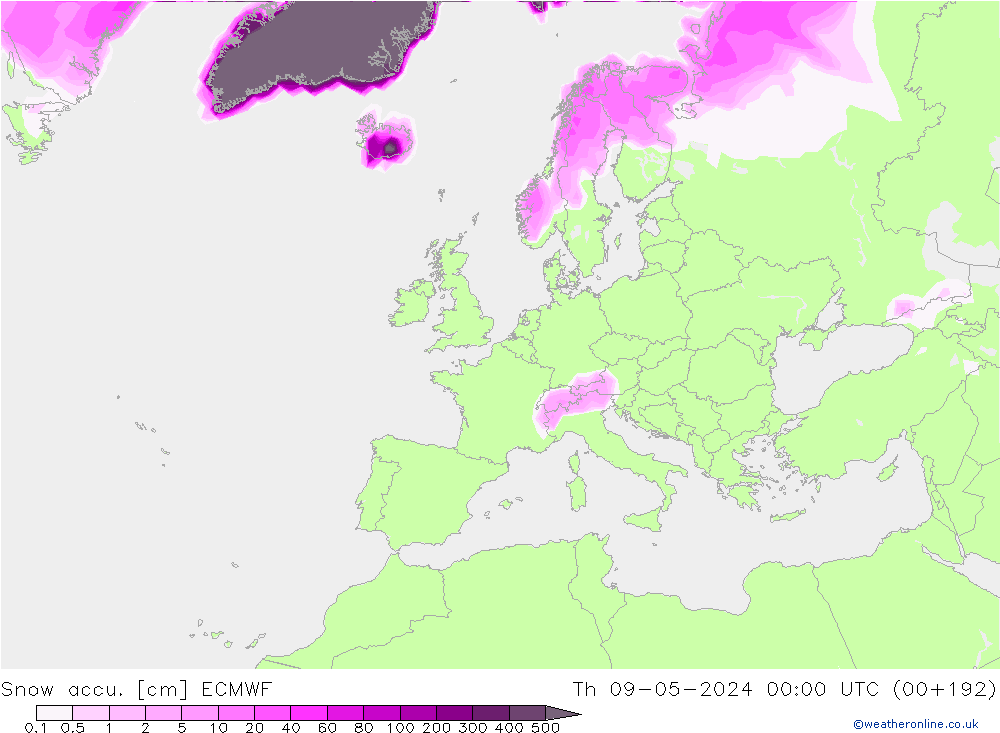 Snow accu. ECMWF jeu 09.05.2024 00 UTC
