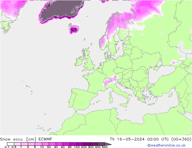 Snow accu. ECMWF Čt 16.05.2024 00 UTC
