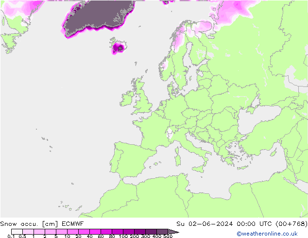 Глубина снега ECMWF Вс 02.06.2024 00 UTC