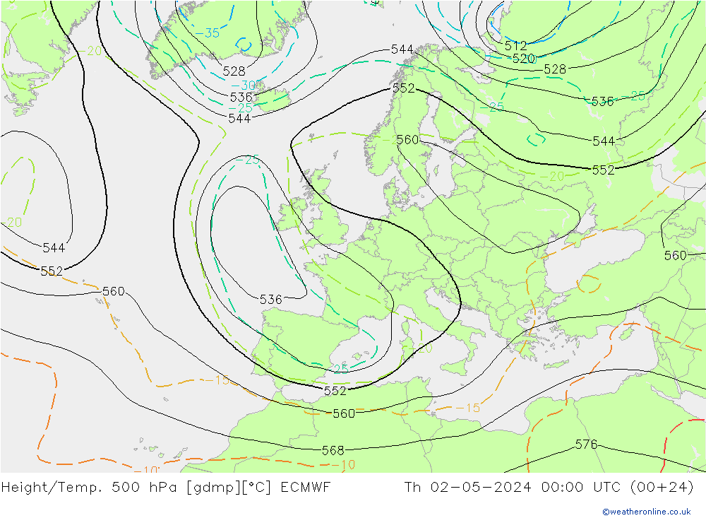 Height/Temp. 500 hPa ECMWF czw. 02.05.2024 00 UTC
