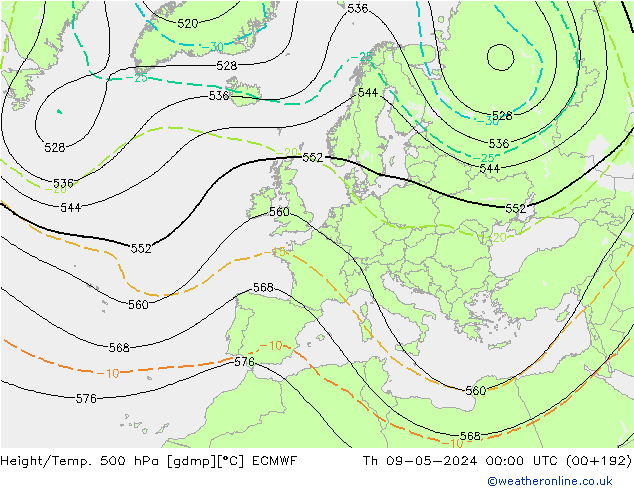 Hoogte/Temp. 500 hPa ECMWF do 09.05.2024 00 UTC