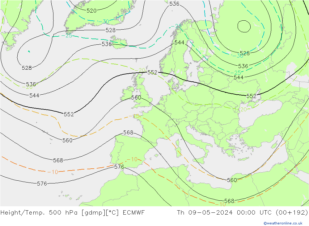 Height/Temp. 500 hPa ECMWF Th 09.05.2024 00 UTC