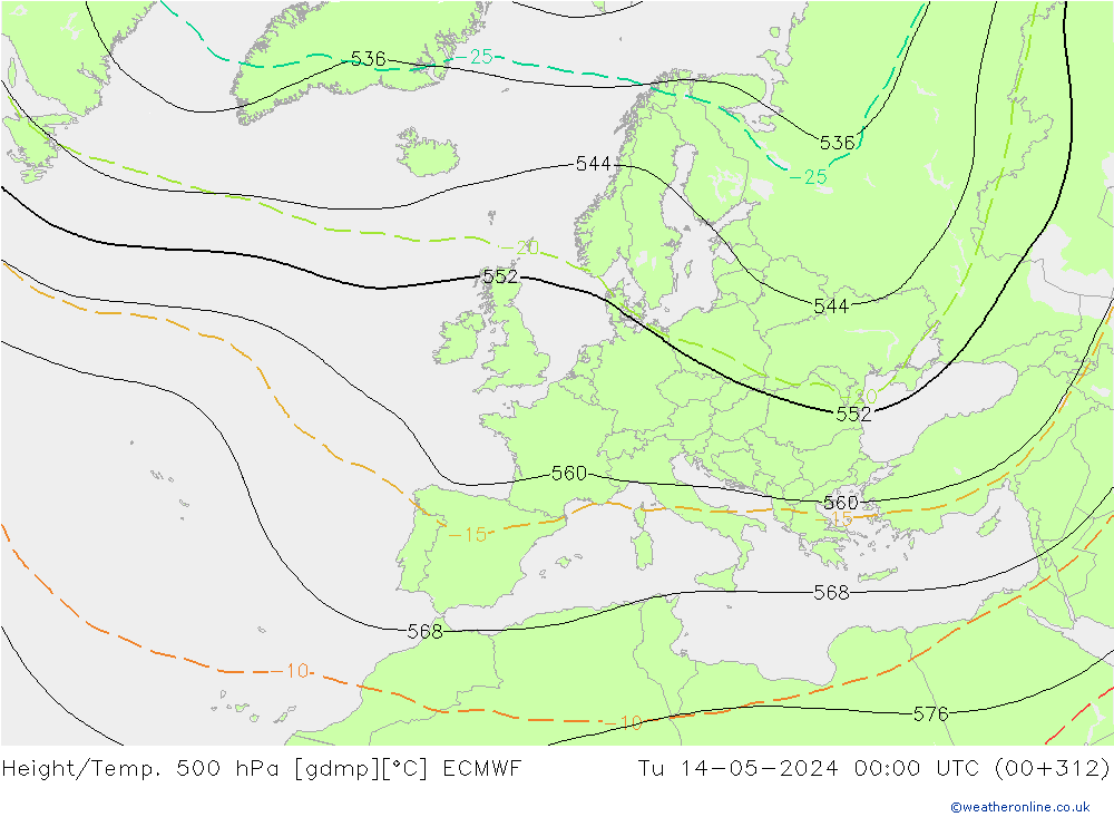 Height/Temp. 500 hPa ECMWF wto. 14.05.2024 00 UTC