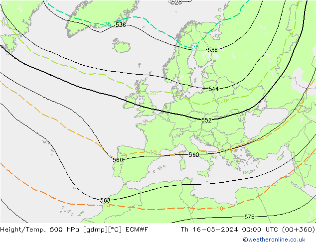 Height/Temp. 500 hPa ECMWF czw. 16.05.2024 00 UTC