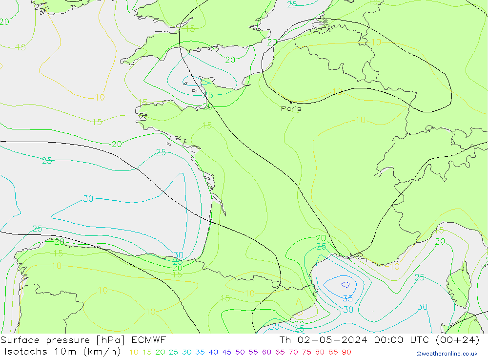 Isotachen (km/h) ECMWF Do 02.05.2024 00 UTC