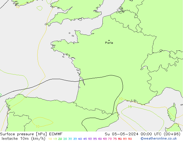 Isotaca (kph) ECMWF dom 05.05.2024 00 UTC
