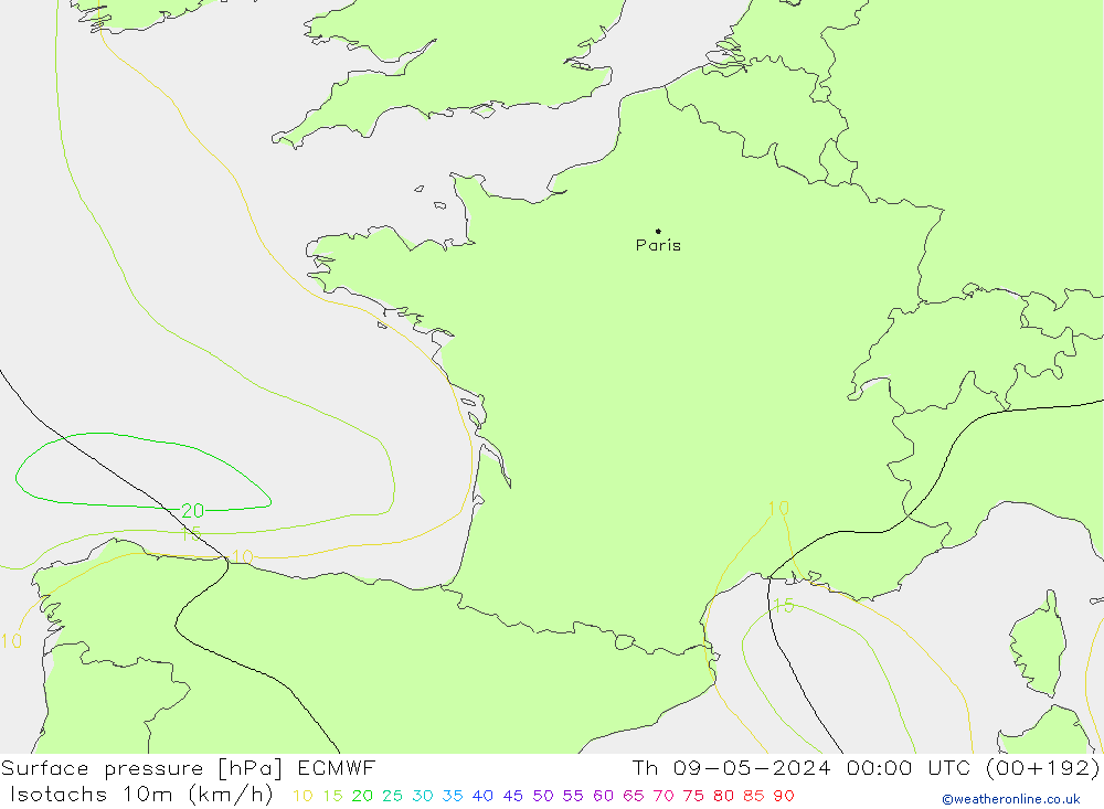 Isotachen (km/h) ECMWF do 09.05.2024 00 UTC